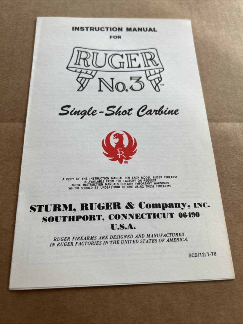 1978 RUGER NO. 3 SINGLE SHOT CARBINE MANUAL